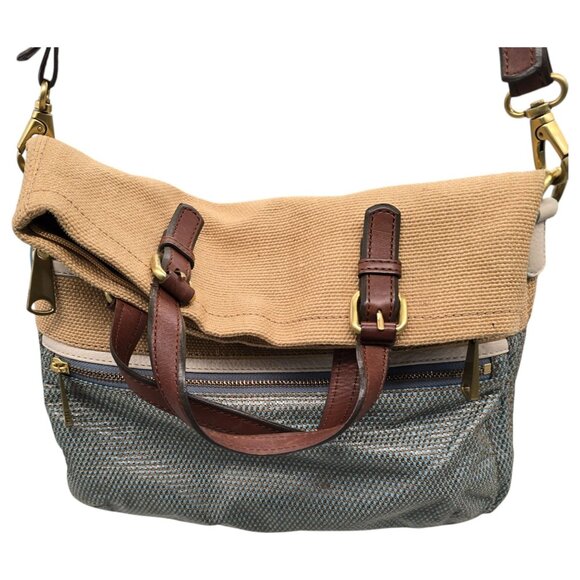 FOSSIL Explorer Woven Straw Triple Zip Hipster Crossbody Handbag Blue Beige EUC - Picture 3 of 16